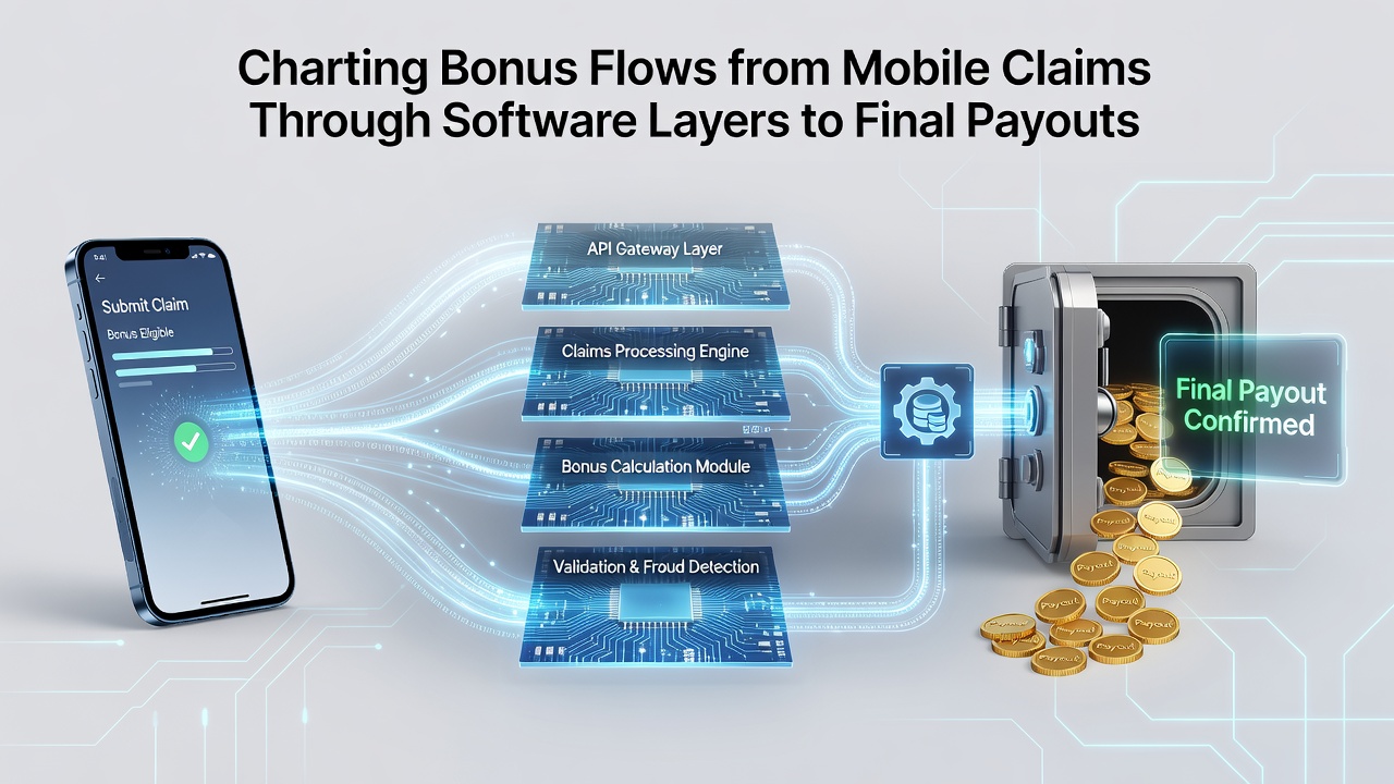 Illustration of data flow from mobile interface through bonus engines to final payout confirmation in casino software stacks